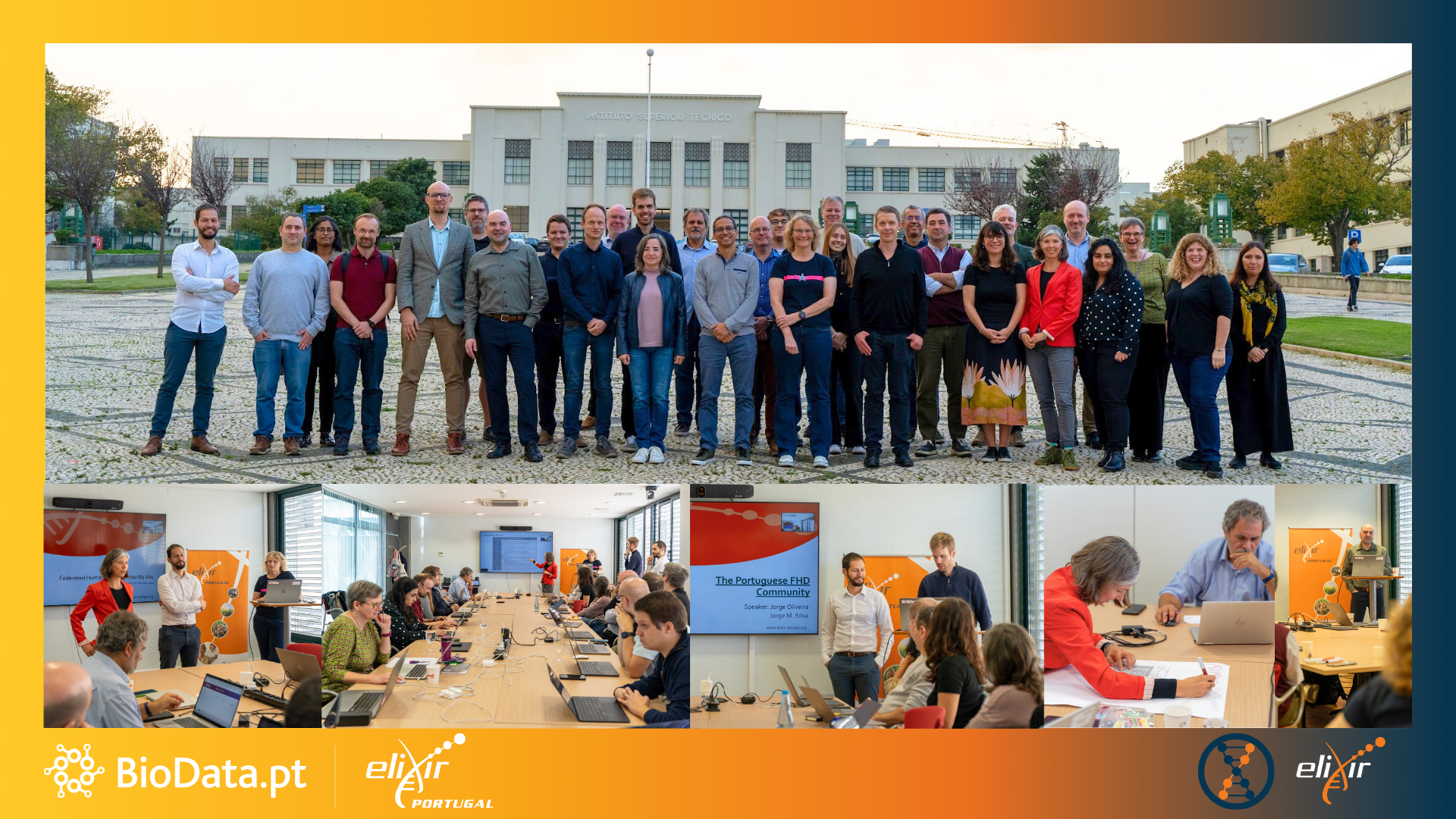 Attendees of the ELIXIR Federated Human Data Community Day pose together in front of a building, showcasing community engagement.