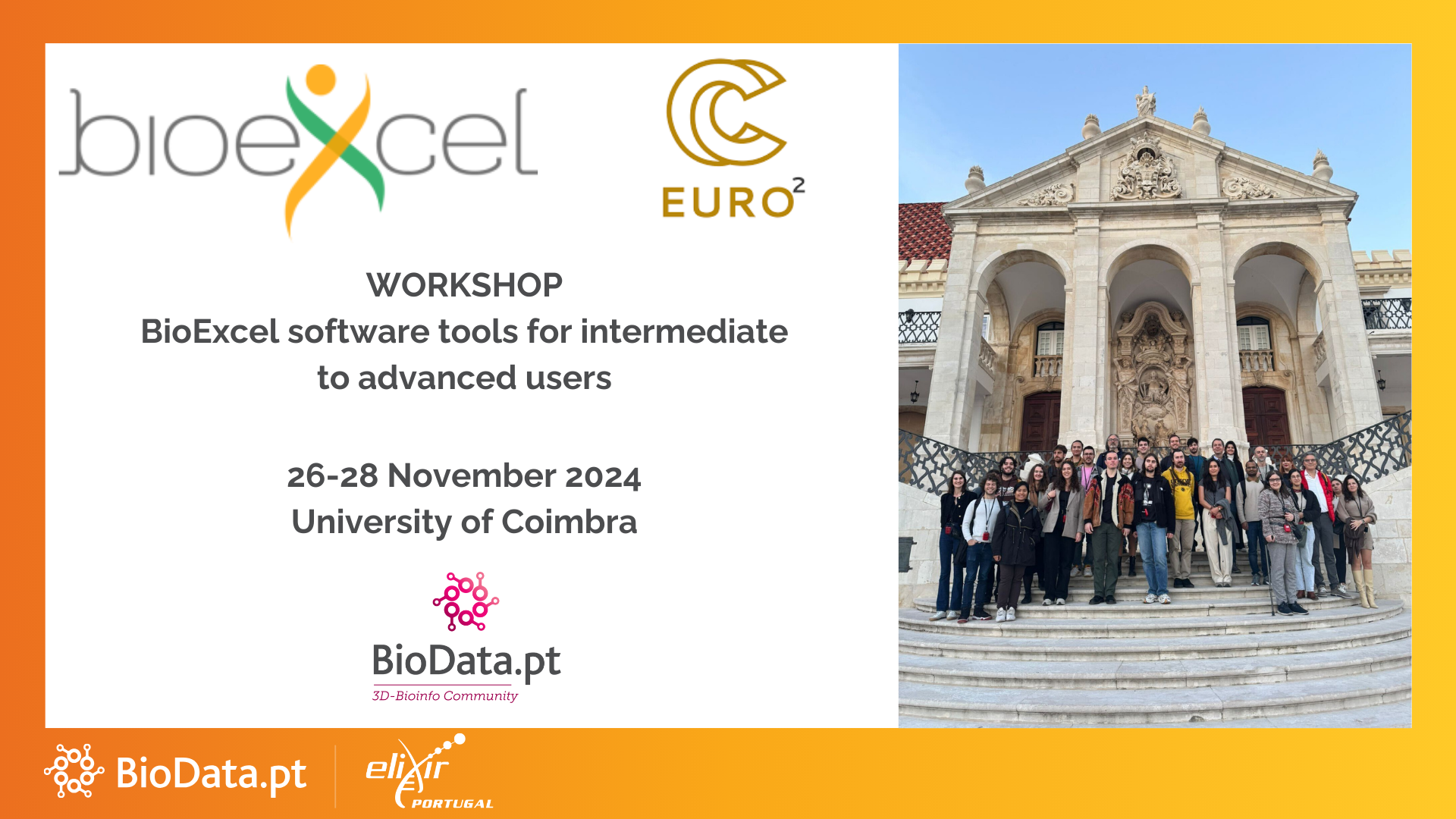 Attendees of the hybrid BioExcel workshop on BioExcel core codes pose for a photo on the grand staircase of the University of Coimbra, showcasing a blend of on-site and online participation.
