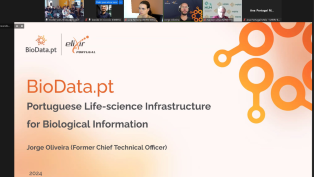Presentation slide titled "BioData.pt" by Jorge Oliveira, discussing Portuguese life-science infrastructure for biological information. Includes logos of BioData.pt, ELIXIR, and MIRRI, and headshots of participants