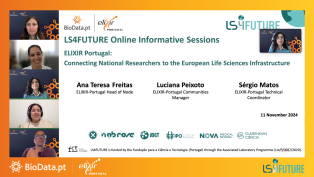 Online session slide for LS4FUTURE by ELIXIR Portugal, featuring Ana Teresa Freitas, Luciana Peixoto, and Sérgio Matos. Discusses connecting Portuguese researchers to European life sciences infrastructure