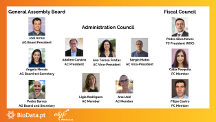 Image introducing the new governance of BioData.pt with photos and names of members from the General Assembly Board, Administration Council, and Fiscal Council, alongside their respective roles and affiliations.