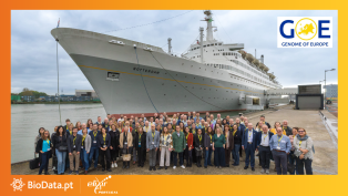Participants of the Genome of Europe (GoE) launch event standing in front of the SS Rotterdam, marking the beginning of a €45 million project to create a unified European reference genome for advancing healthcare and genomic research.