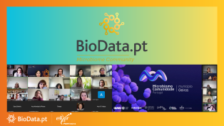 Visual summary of BioData.pt’s inaugural Microbiome Community session, featuring speakers, attendees, and logos, kicking off a Portuguese initiative to align microbiome research with European standards and networks