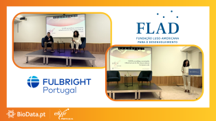 Professor Ana Teresa Freitas speaking at a FLAD Fulbright Talk on ELIXIR’s role in sustainable life science data infrastructure, highlighting international collaboration and her Fulbright research experience in the USA